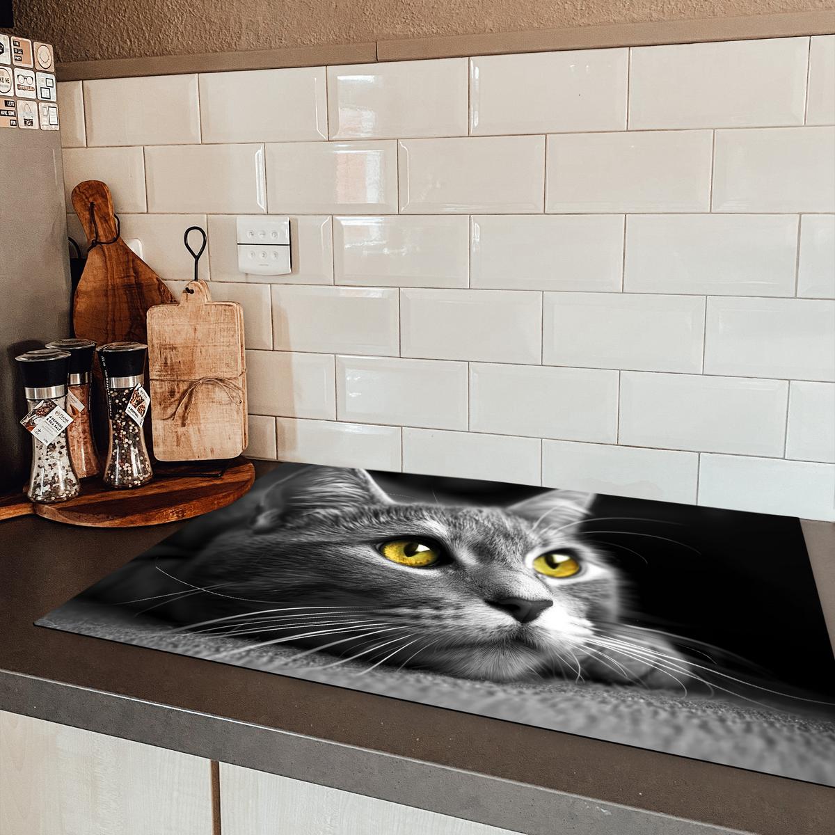 HERDABDECKPLATTE Katze - Grau - Tiere - Katze Ceranfeldabdeckung 80x52 cm - Grau, Kunststoff (80/52/0.2cm) - MuchoWow
