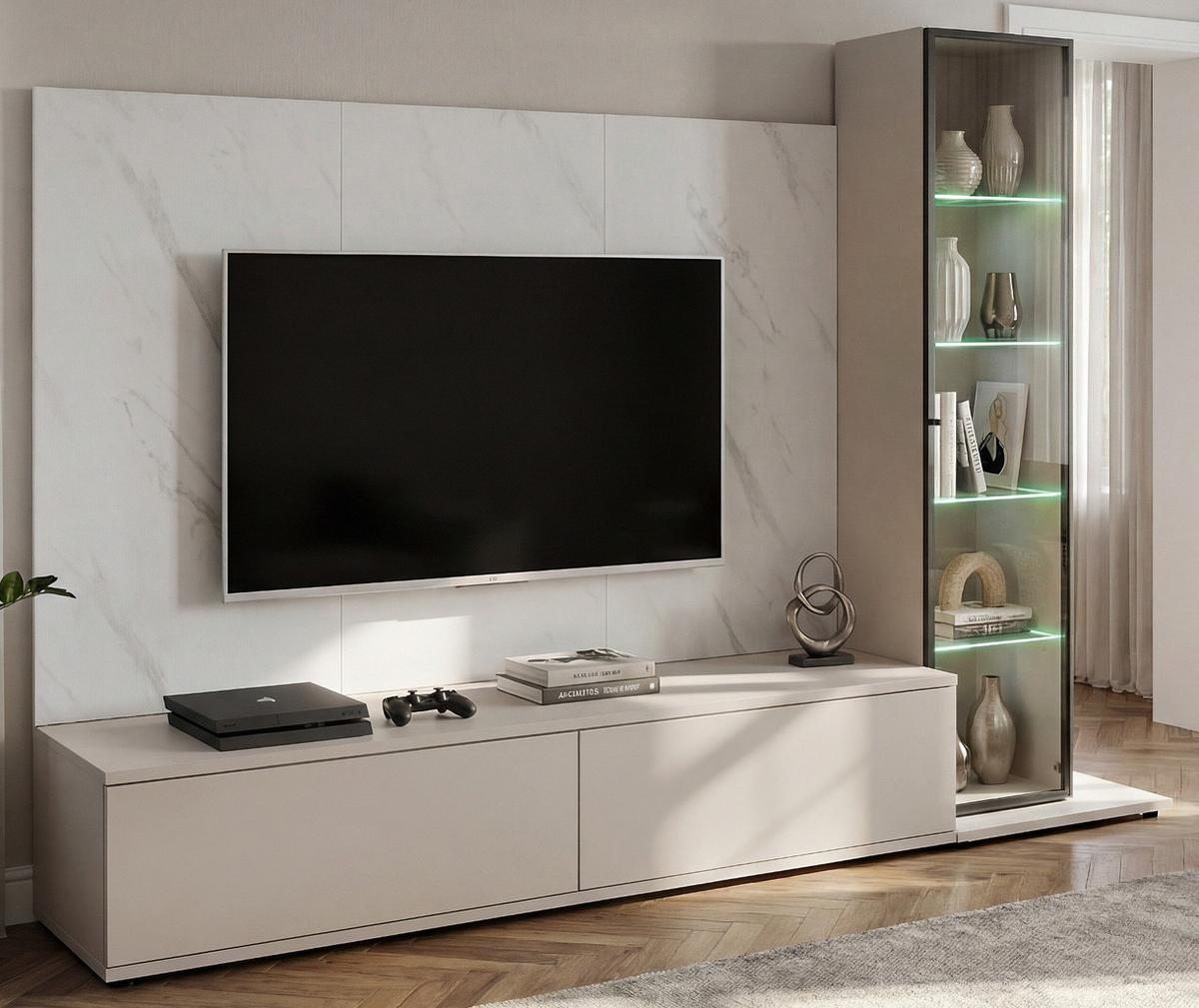 WOHNWAND kaschmir, Marmor weiß 240 cm, Schrankwand mit Wandpaneel, Beleuchtung, Push-to-Open - Kaschmir/Schwarz, Glas/Holzwerkstoff (240/175/45cm) - Inn.Furn