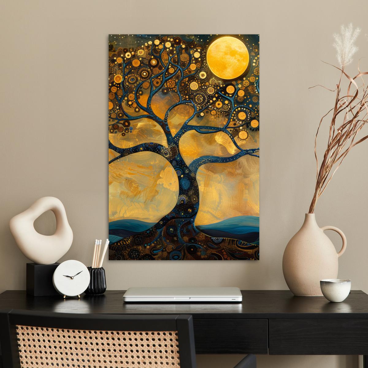 POSTER Baum - Mond - Blumen - Gold - Kunst Wanddeko 40x60 cm - Orange, Papier (40/60/0.1cm) - MuchoWow