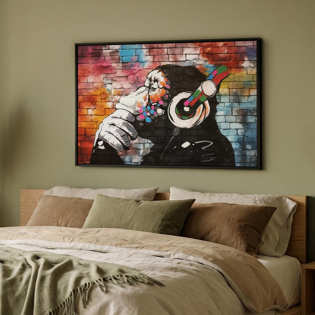 LEINWAND Bilder mit Rahmen - Affe - Graffiti - Musik - 90x60 - Multicolor, Textil (90/60cm) - MuchoWow