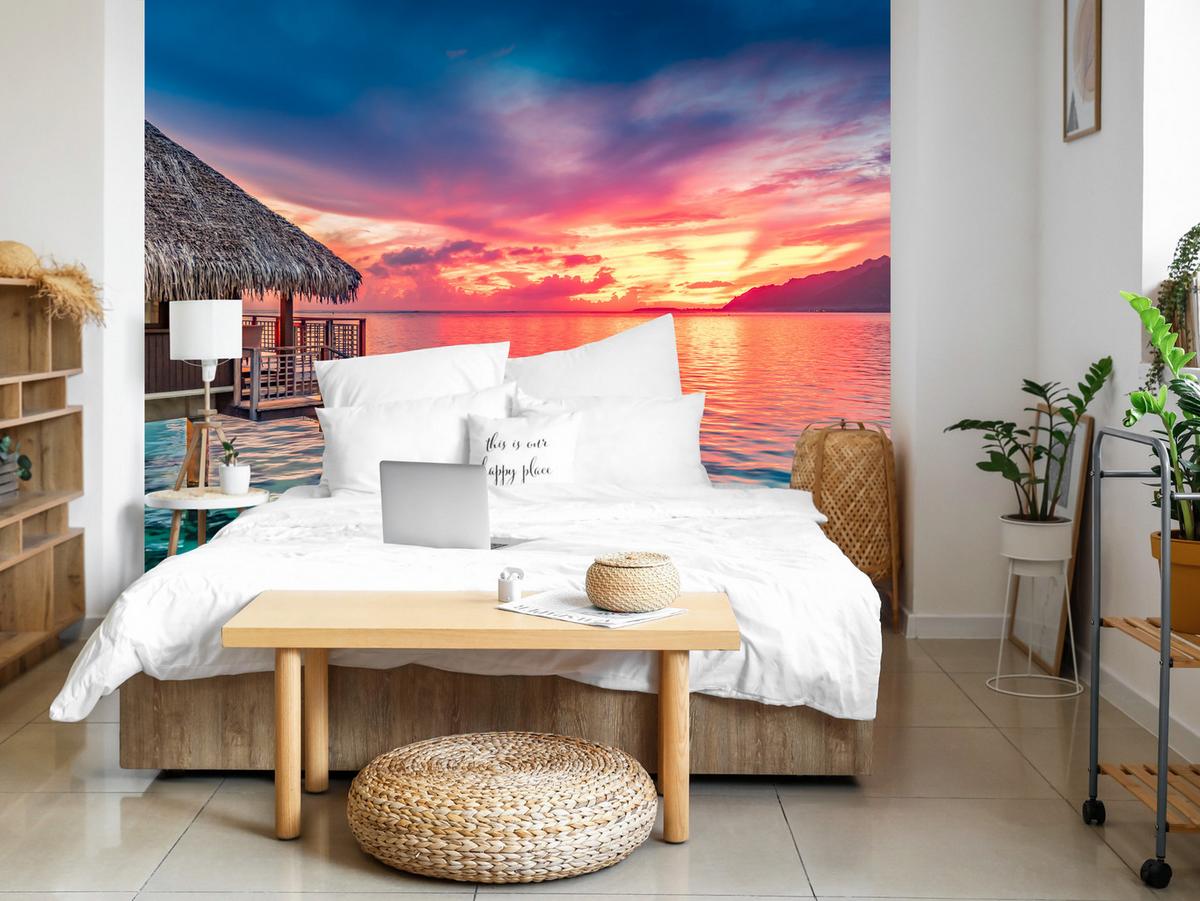 FOTOTAPETE für Wohnzimmer Sonnenuntergang Ozean Holzhütte 350x256 - Türkis/Blau, Papier (350/256cm) - Muralo