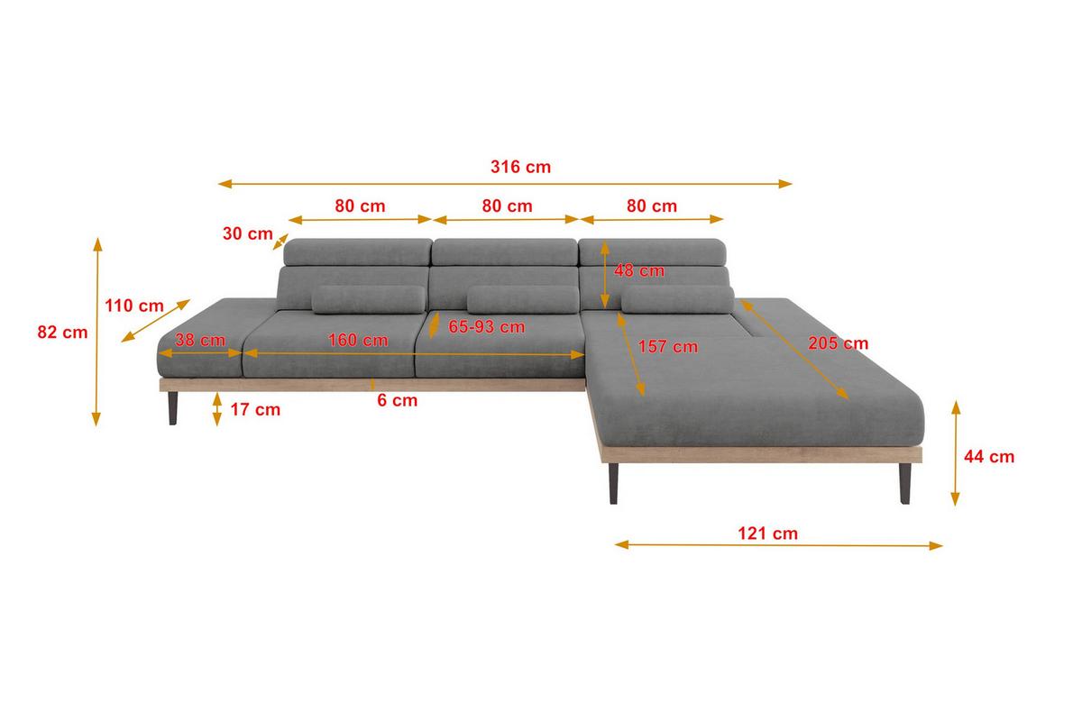 ELEKTRISCHES ECKSOFA Rechts MONA 316x205x85 Grau Velours - Taupe, Holzwerkstoff/Textil (316/205cm) - ALTDECOR