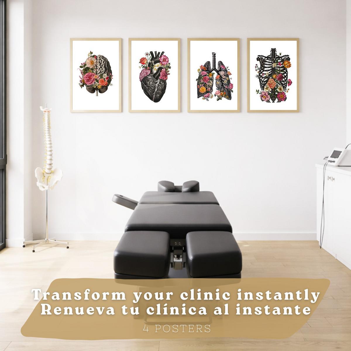 POSTER Set aus 4 Anatomie Drucke und Dekorative mit Gehirn Herz Lungen Atmungssystem Rippen Wirbelsäule Modernes Florales Größe Leichter Holzrahmen A4 - Beige, Papier (21/29.7/3cm) - Nacnic