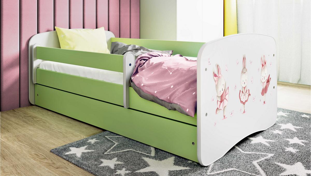 KINDERBETT Kaninchen mit Schmetterlingen mit Schublade und Matratze 160/80 - Grün, Holzwerkstoff (80/160cm) - RAUMHIRSCH FURNITURE