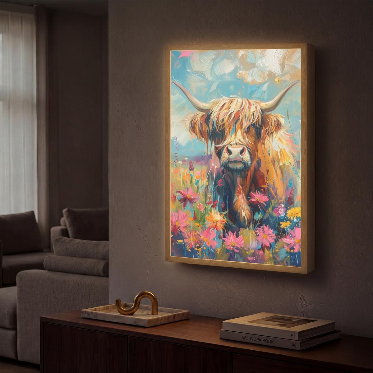 WANDLEUCHTE MIT AKKU Schottische Hochländer - Natur - Farbenfroh - Blumen 40x60 cm - Multicolor, Holzwerkstoff (40/60/8cm) - OnlyWow