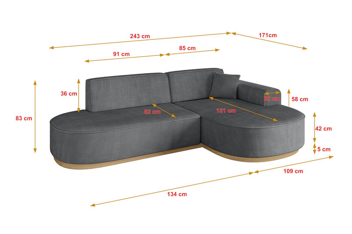 ECKSOFA Ottomane Rechts MARI-L1-v2 - 243x171x83 cm Dunkelgrau Cord - Dunkelgrau, Holzwerkstoff/Textil (171/243cm) - ALTDECOR