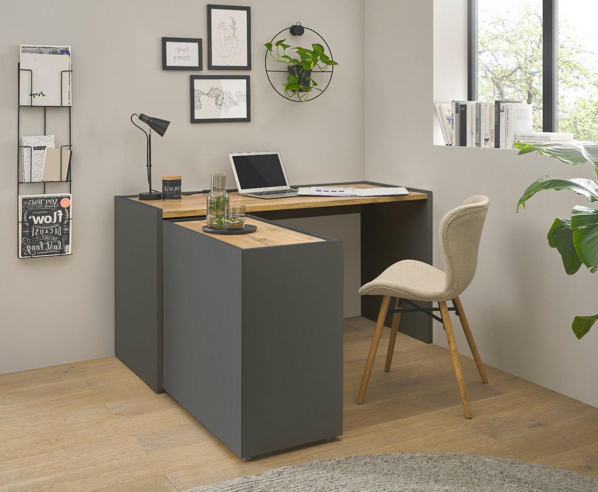SCHREIBTISCHKOMBINATION 3-teilig grau matt, Eiche Wotan 143 cm, Büromöbel Set mit Aktenregal und Kommode - Eiche Wotan/Schwarz, Holzwerkstoff/Kunststoff (140/143/76cm) - Furn.Design
