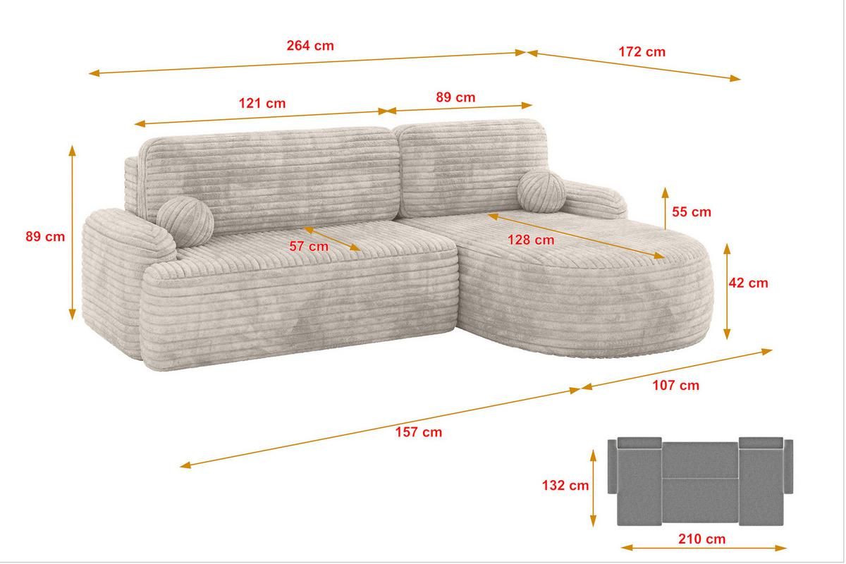 ECKSOFA mit Schlaffunktion und Bettkasten LIRA-L - 264x172x89 Creme - Creme, Holzwerkstoff/Textil (172/264cm) - ALTDECOR