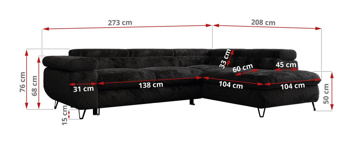 ECKSOFA PEDRO L Schwarz Plüsch - Rechts Seite - Schwarz, Textil/Metall (273/208cm) - MKS