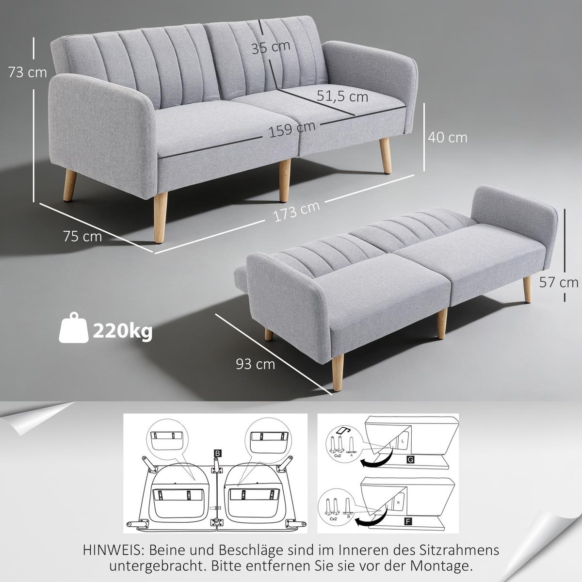SCHLAFSOFA, 2-Sitzer Stoffsofa mit Schlaffunktion, 173 x 75 x 73 cm, Grau - Hellgrau/Naturfarben, Holz/Textil (75/73/173cm) - HOMCOM