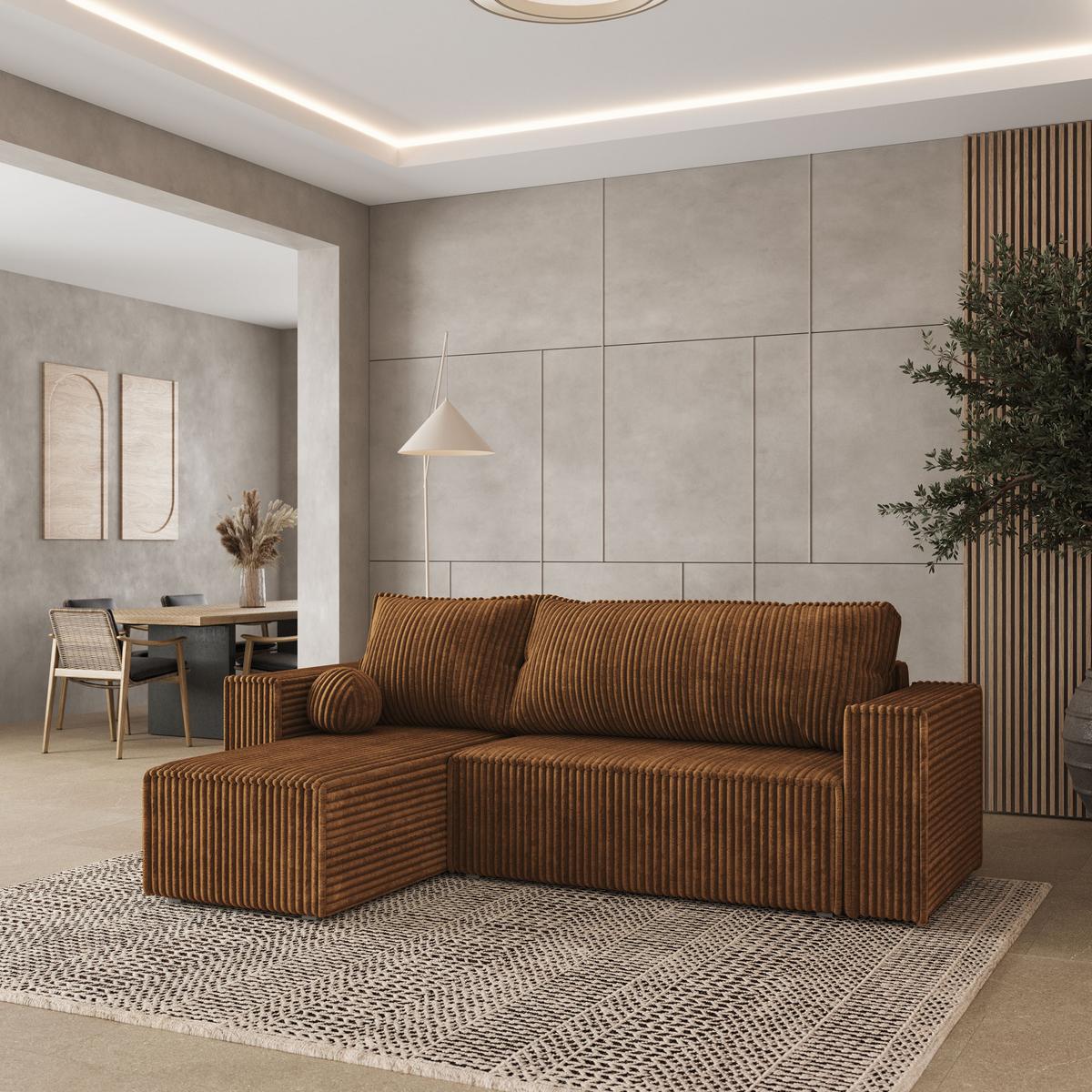 ECKSOFA RAVELO T Kupferfarben Kordstoff mit Schlaffunktion - Grau/Kupferfarben, Holz/Kunststoff (240/140cm) - MASSENO