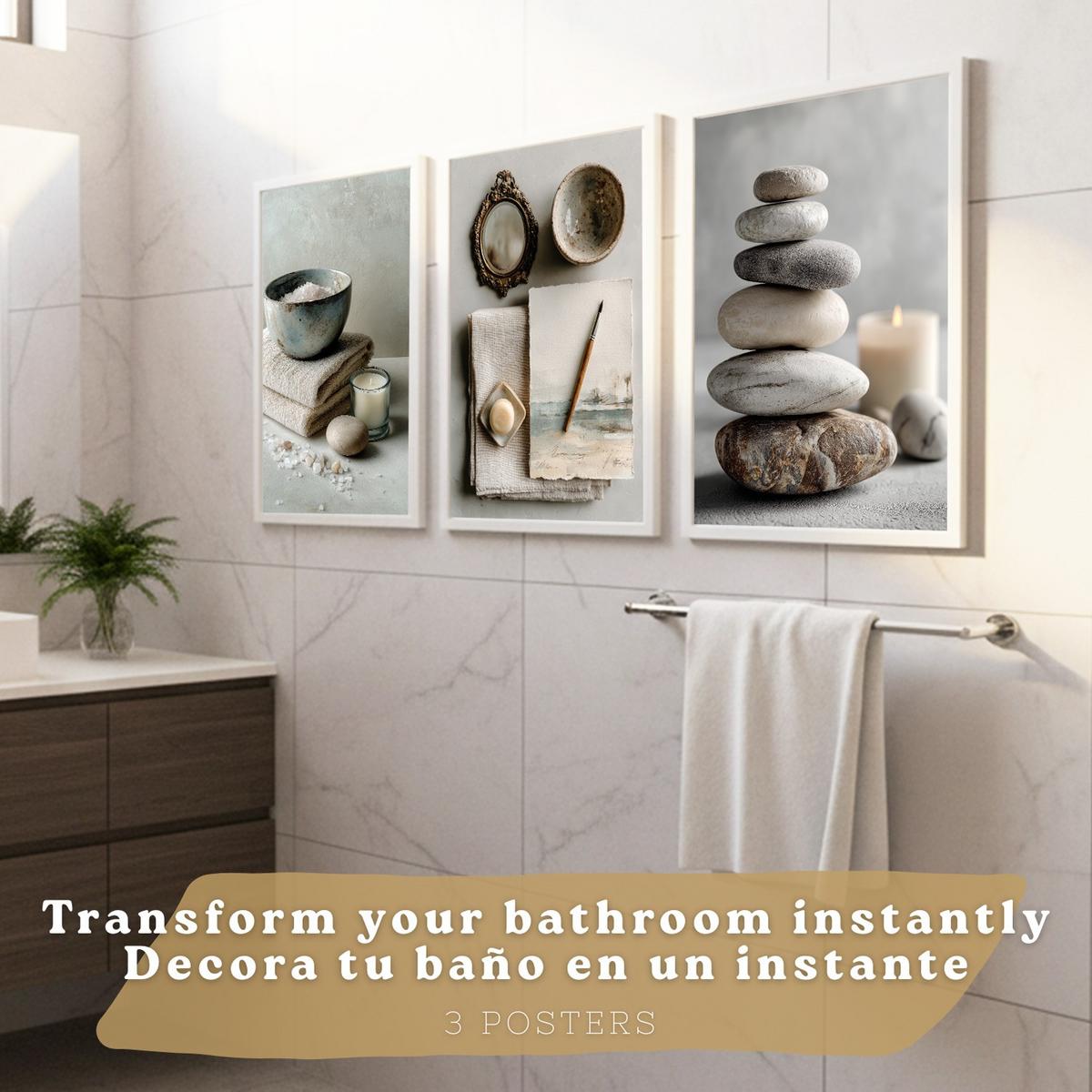 POSTER 3er-Set moderne Badezimmer-Wandposter, Entspannungsposter im Spa-Stil WC mit Steinen, Kerzen und Salzen, Zen-Dekoration Rahmenlos A4 - Klar, Papier (29.7/21/3cm) - Nacnic