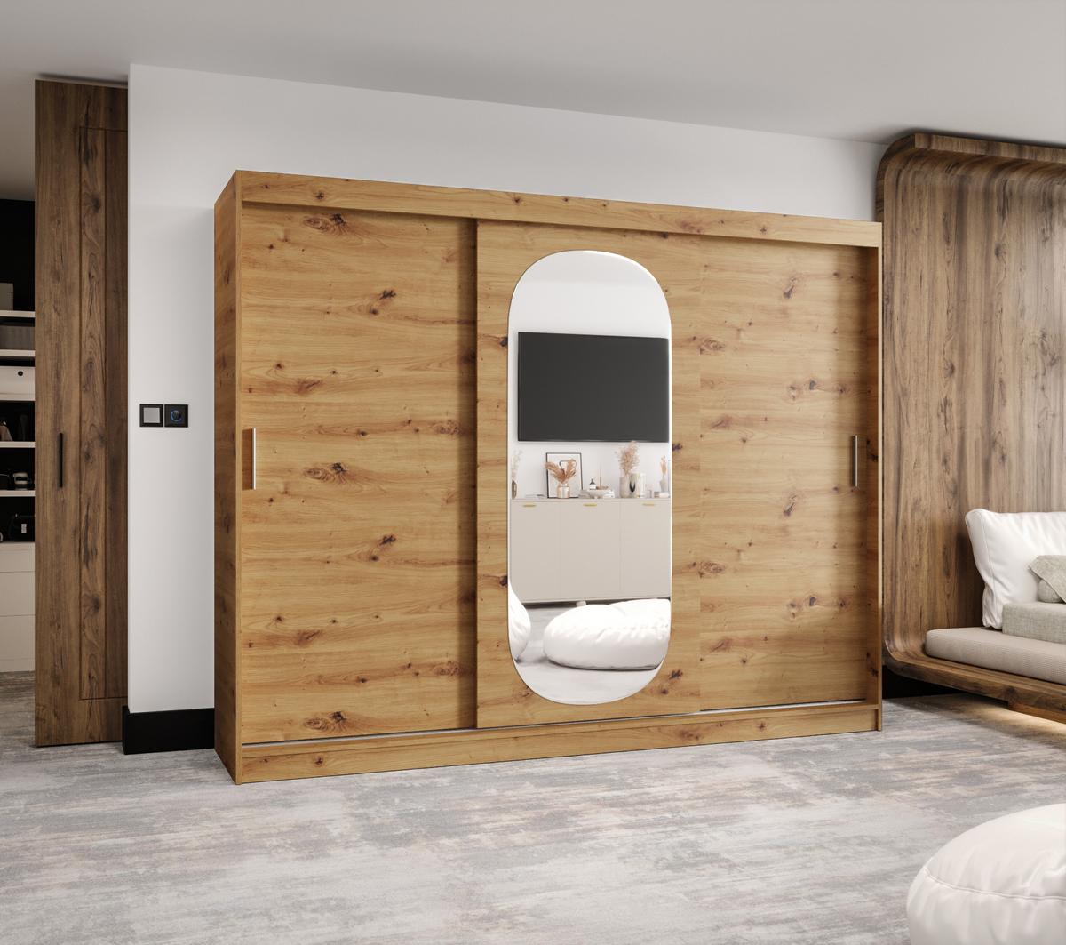 SCHIEBETÜRENSCHRANK mit Spiegel ROYAL 200/250/62 3-türig - Silberfarben/Eiche Artisan, Holz (250/62/250cm) - MÖBEL KRYSPOL