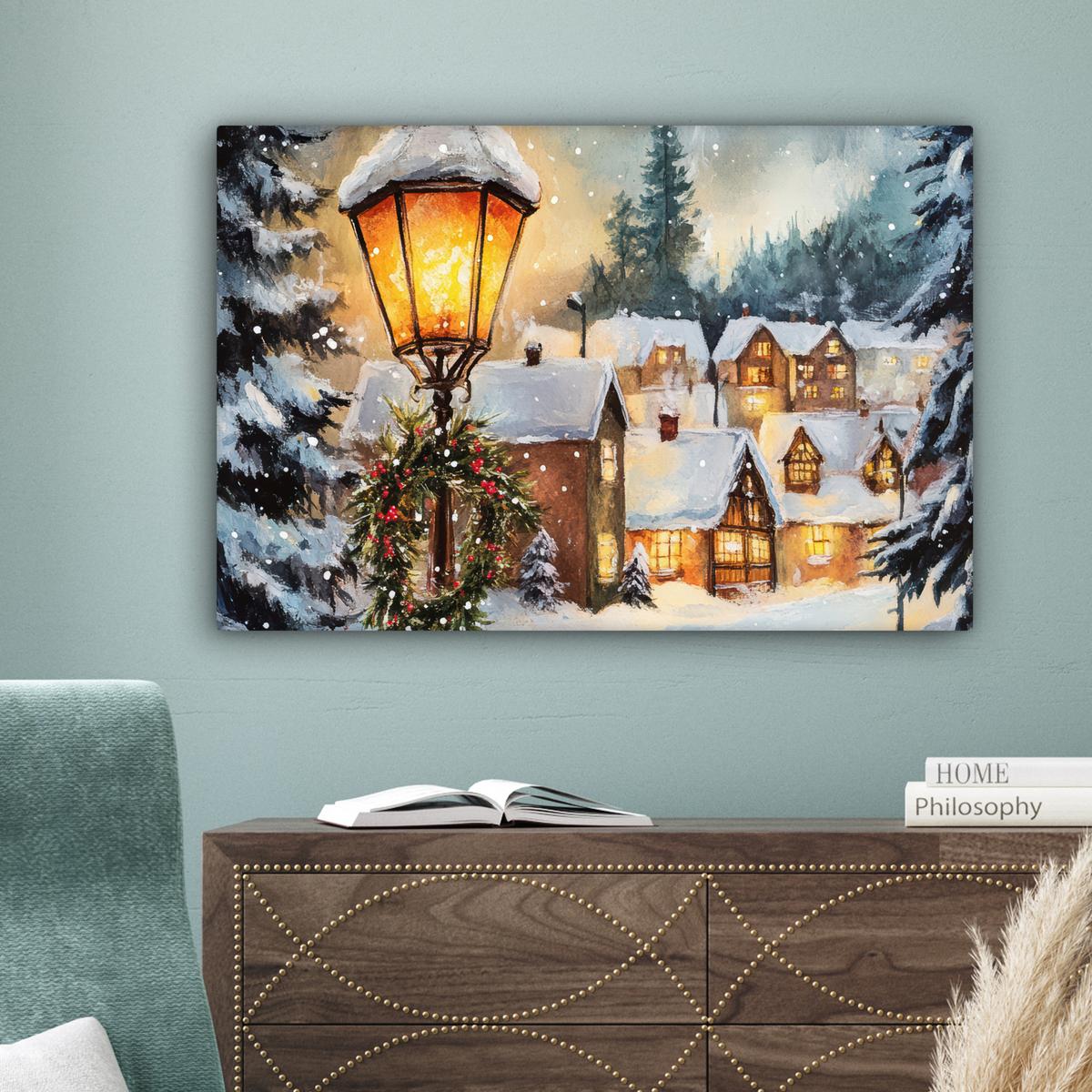 LEINWANDBILD Weihnachtsdorf - Häuser - Schnee - Weihnachten Gemälde 60x40 cm - Sandfarben, Textil (60/40cm) - MuchoWow
