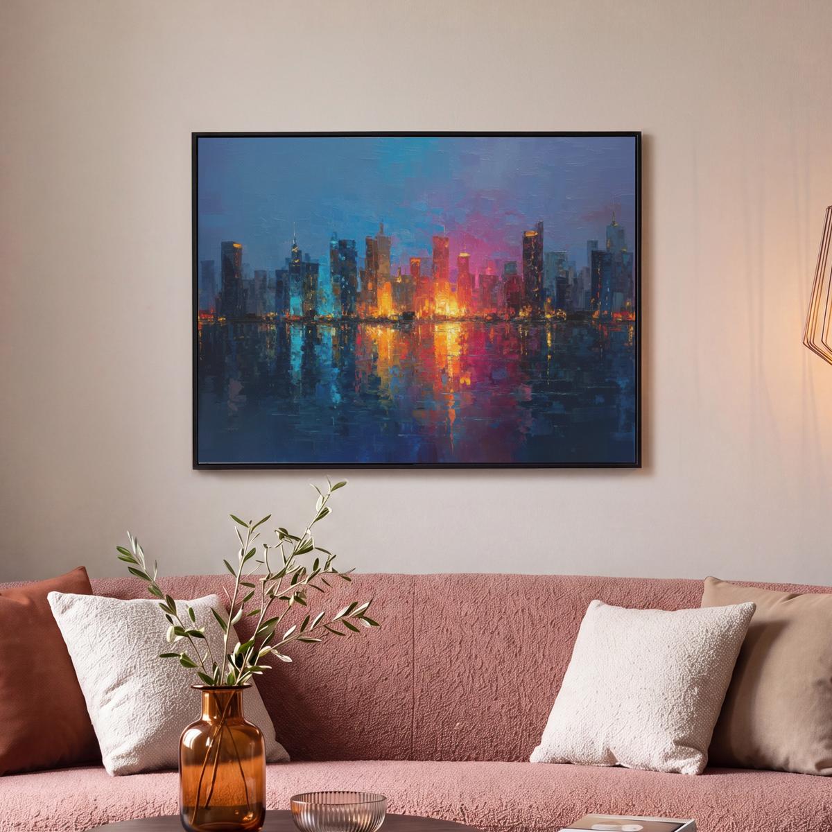 LEINWAND Bilder mit Rahmen - Skyline - Pinselstriche - Dunkelblau - Leuchtend - 80x60 - Blau, Textil (80/60cm) - MuchoWow