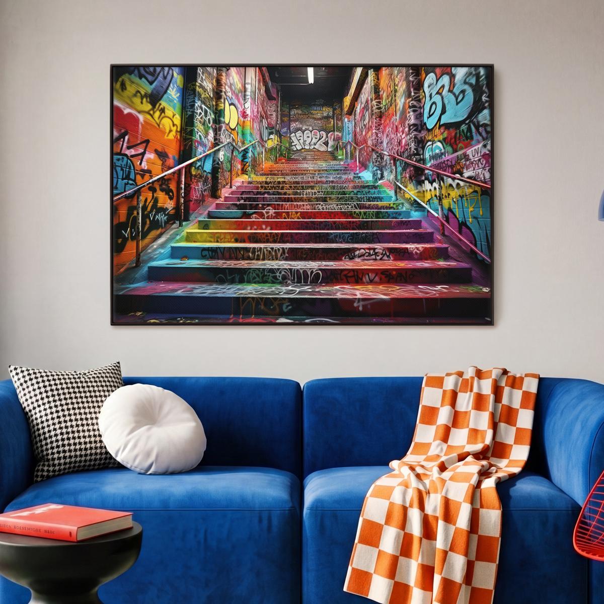 LEINWAND Bilder mit Rahmen - Treppe - Graffiti - Farben - Kunst - 90x60 - Multicolor, Textil (90/60cm) - MuchoWow