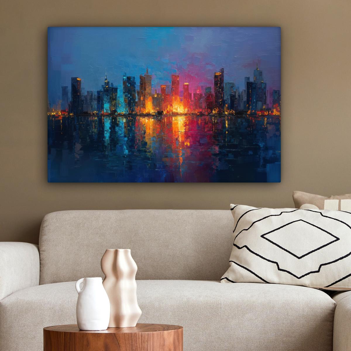 LEINWANDBILD Skyline - Pinselstriche - Dunkelblau - Leuchtend Gemälde 60x40 cm - Blau, Textil (60/40cm) - MuchoWow