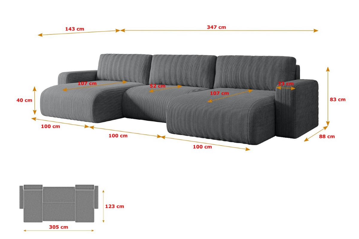 WOHNLANDSCHAFT mit Schlaffunktion und Bettkasten KLEEA-U - 347x143x83 cm Dunkelgrau Cord - Dunkelgrau/Schwarz, Holzwerkstoff/Kunststoff (347/83/143cm) - ALTDECOR