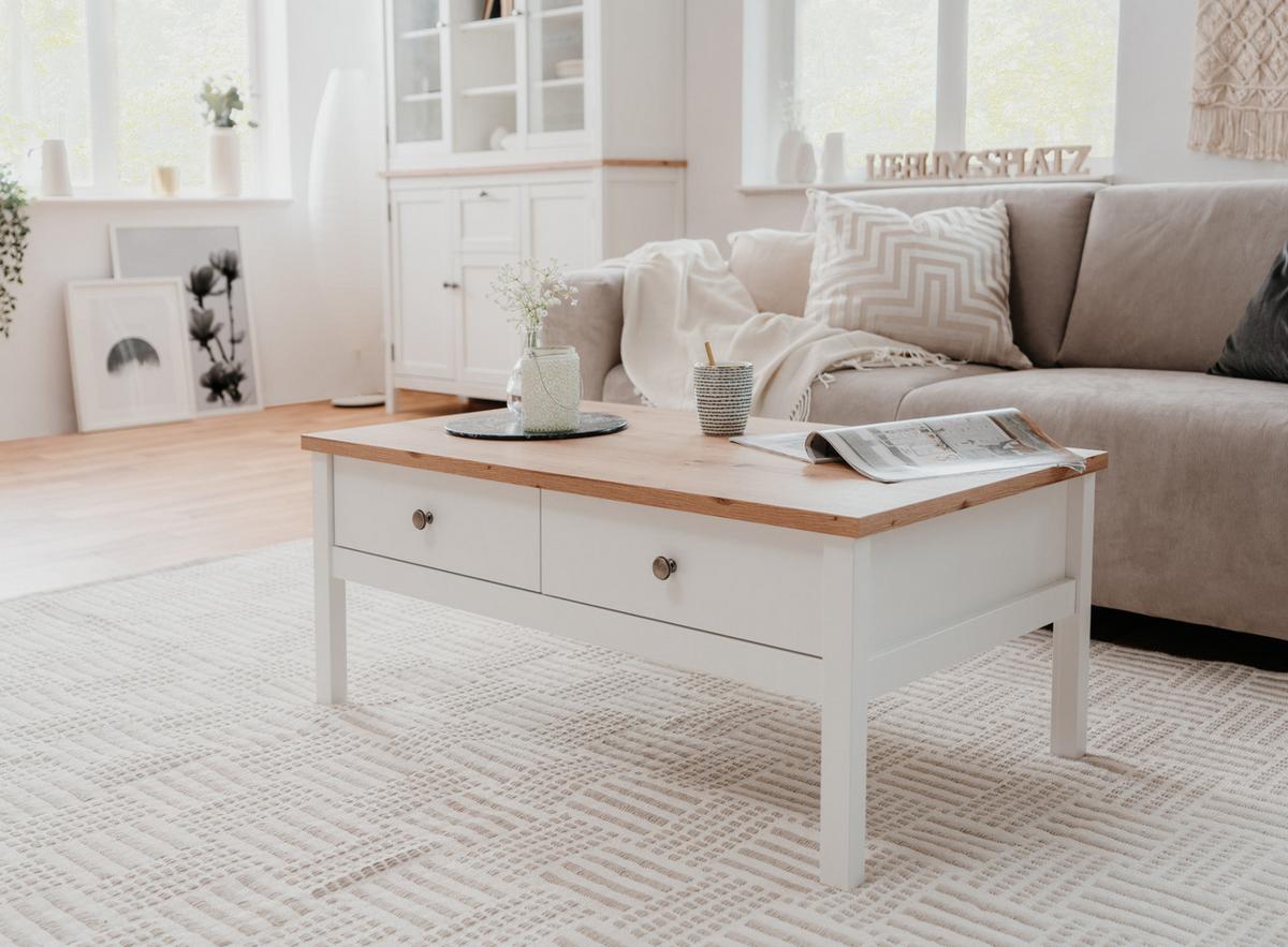 COUCHTISCH weiß, Eiche Artisan Landhaus, 110 x 55 cm, Wohnzimmertisch mit Schubladen - Silberfarben/Weiß, Holzwerkstoff/Kunststoff (55/110/40cm) - Furn.Design