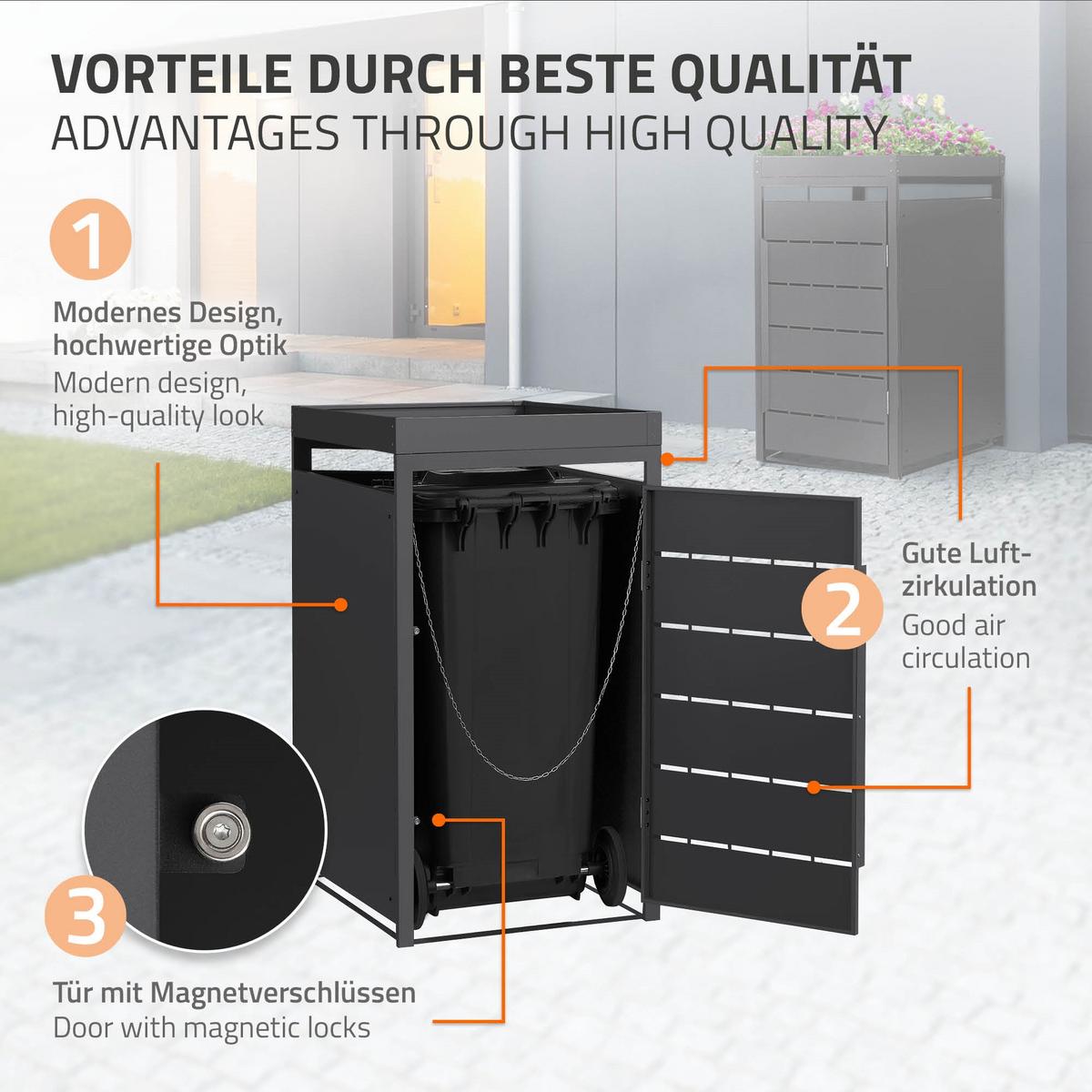 MÜLLTONNENBOX 1er mit Pflanzdach 240L 68x80x124 cm Anthrazit aus Stahl - Anthrazit, Metall (80/124/68cm) - ML-DESIGN