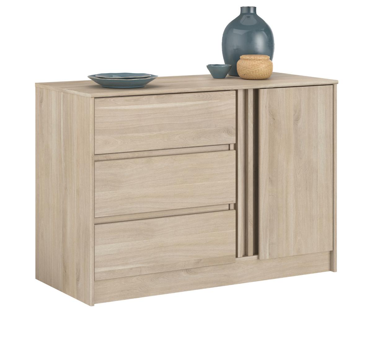 KOMMODE Eiche japanisch 110 cm, Sideboard mit 3 Schubladen - Eichefarben, Holzwerkstoff (110/77/50cm) - Parisot Meuble