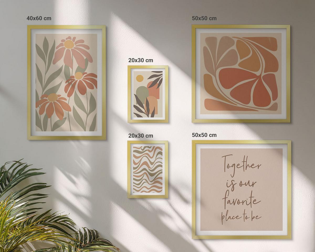 BILDER SET 5er Set - 50x50 cm & 20x30 cm & 40x60 cm Goldrahmen - Abstrakte Pastellblumen - Goldfarben, Kunststoff (40/60cm) - TULUP