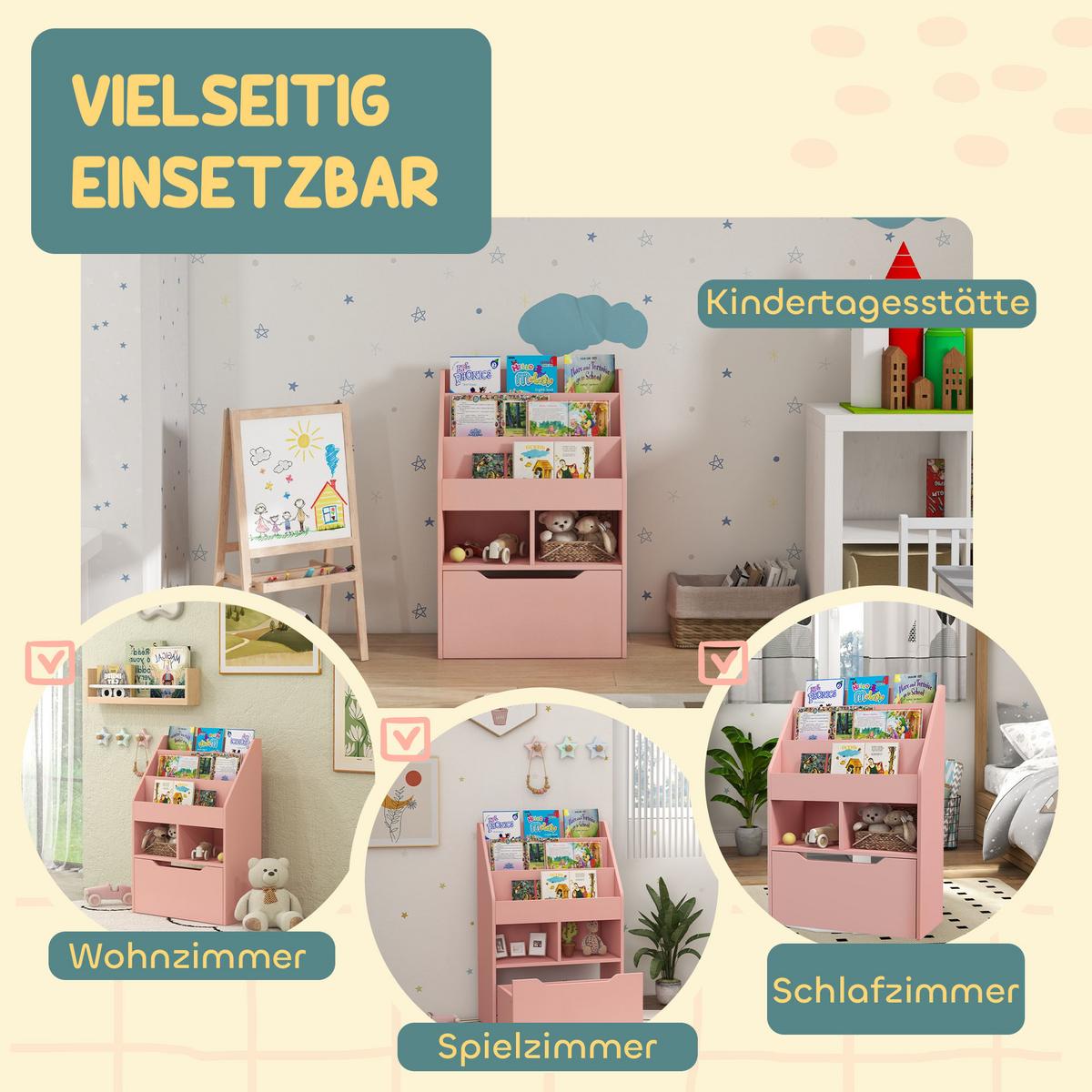 KINDER Bücherregal Kinderregal mit Schublade, 3 Ablagefächern, 2 offenen Fächern - Rosa, Holzwerkstoff (29.9/90/60cm) - HOMCOM