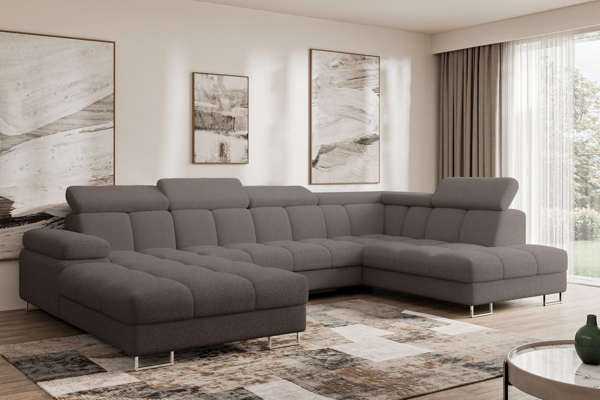 WOHNLANDSCHAFT mit Schlaffunktion und Bettkasten Ottomane RECHTS COMA U 345x203x79 Braun Bouclé - Dunkelbraun, Holzwerkstoff/Textil (203/79/345cm) - ALTDECOR