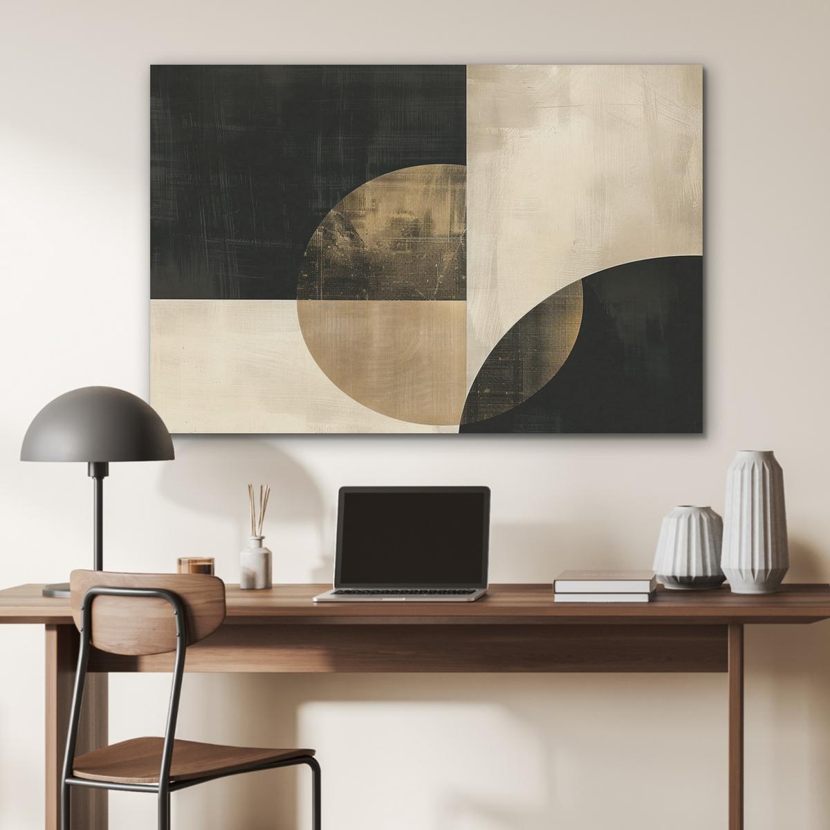 AKUSTIKBILD Abstrakt - Geometrische Formen - Schwarz - Gold Wandbild Wohnzimmer 100x70 cm - Ecru, Kunststoff (100/70/0.9cm) - MuchoWow