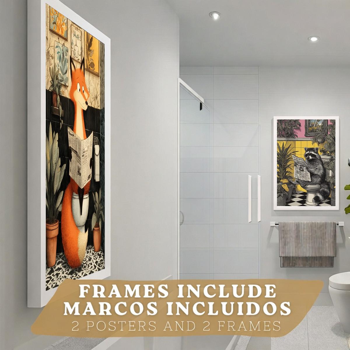 POSTER 2er-Set dekorative Badezimmer-Kunstdrucke, künstlerische für Wand, Waschbecken, Toilette mit Tieren auf der Toilette, Vintage Weißer Rahmen A3 - Weiß, Papier (42/29.7/3cm) - Nacnic