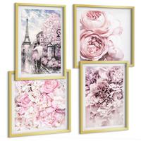 BILDER SET 4er Set - 50x50 cm & 40x60 cm Goldrahmen - Rosa Blumen, romantische Landschaft - Goldfarben, Kunststoff (50/50cm) - TULUP