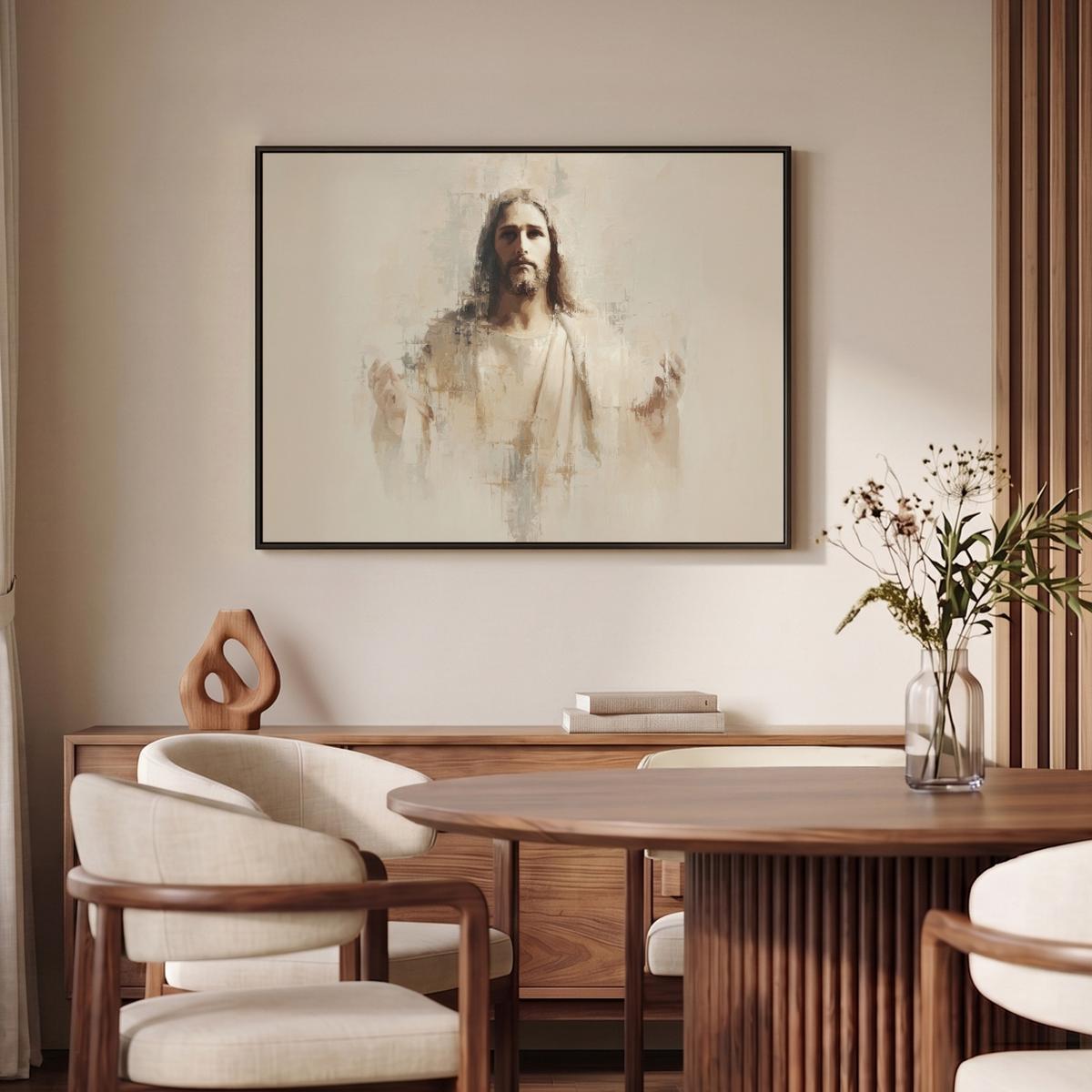 LEINWAND Bilder mit Rahmen - Porträt - Abstrakt - Jesus - Beige - 100x70 - Beige, Textil (100/70cm) - MuchoWow