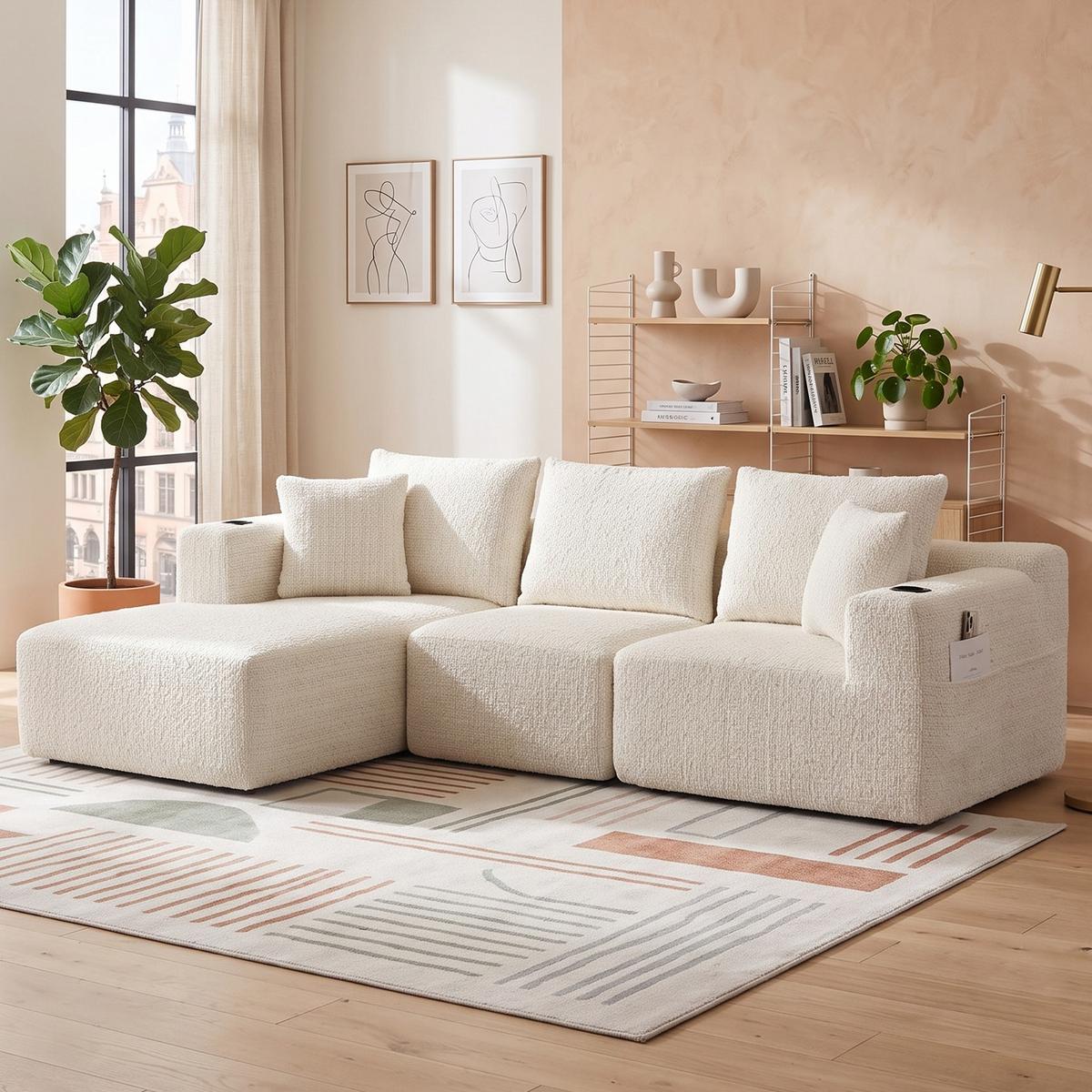 ECKSOFA Modulares L-Form Chenille mit Getränkehalter & Memory-Schaum 261cm - Beige, Textil (261/165cm) - Urban Meuble