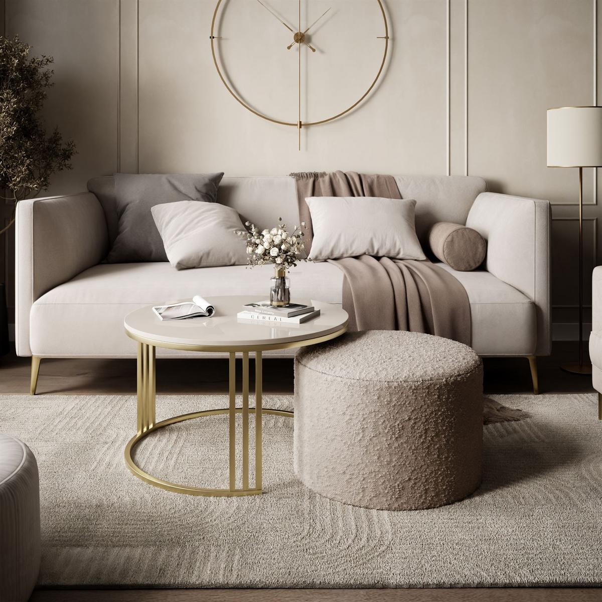 COUCHTISCH mit Hocker LORI Hochglanz gebürstetes Gold/glänzender Kaschmir/Coral 50 - Kaschmir, Metall (70/70/49cm) - Lookway