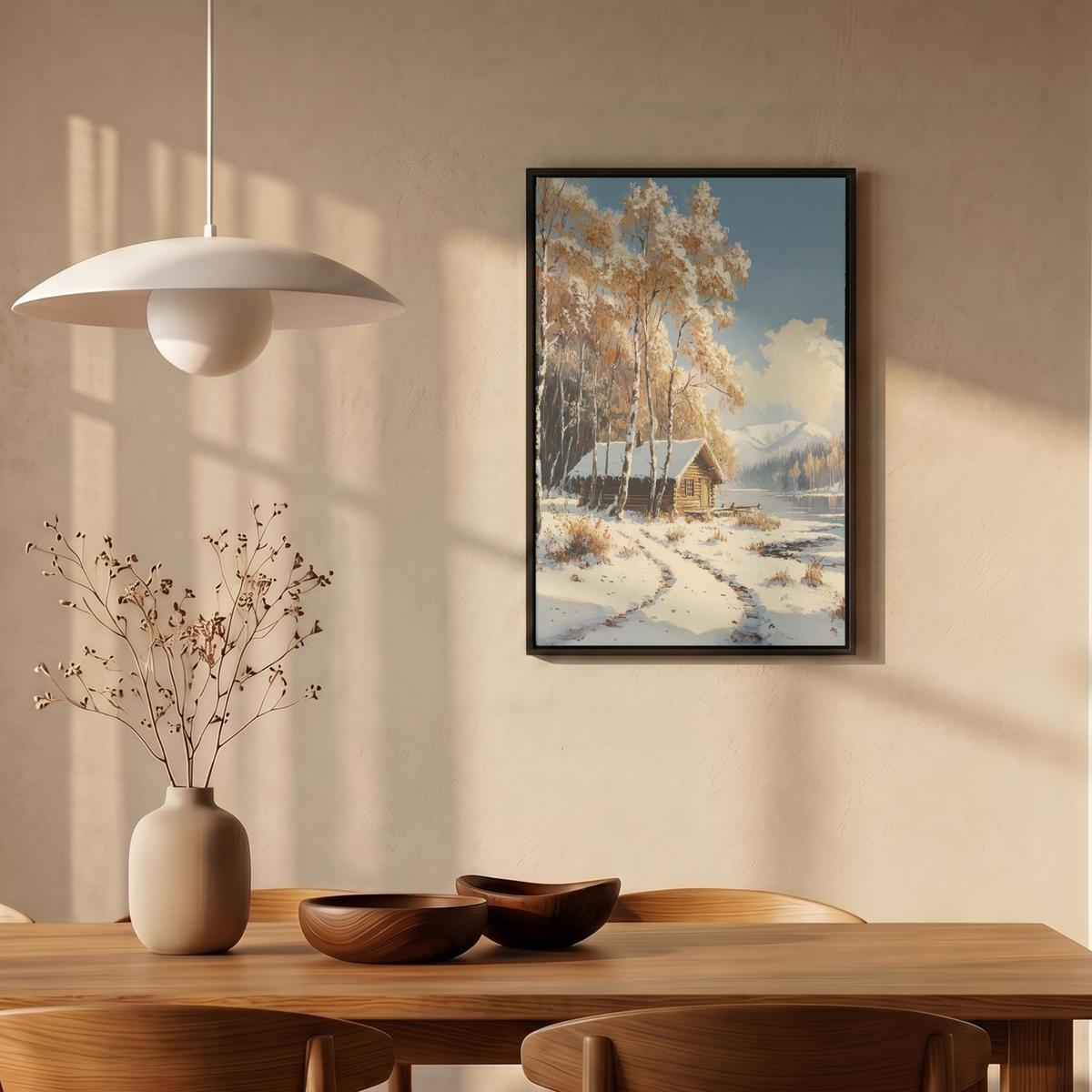 LEINWAND Bilder mit Rahmen - Winter - Schnee - Zuhause - Natur - 40x60 - Hellbraun, Textil (40/60cm) - MuchoWow