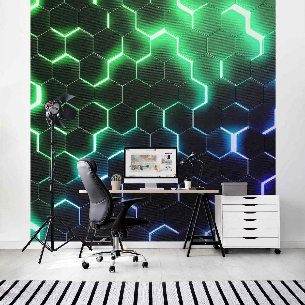 FOTOTAPETE Strukturierte Hexagone mit Neonlicht in Grün und Blau 288/288 cm - Schwarz, Papier (288/288cm) - Bilderwelten