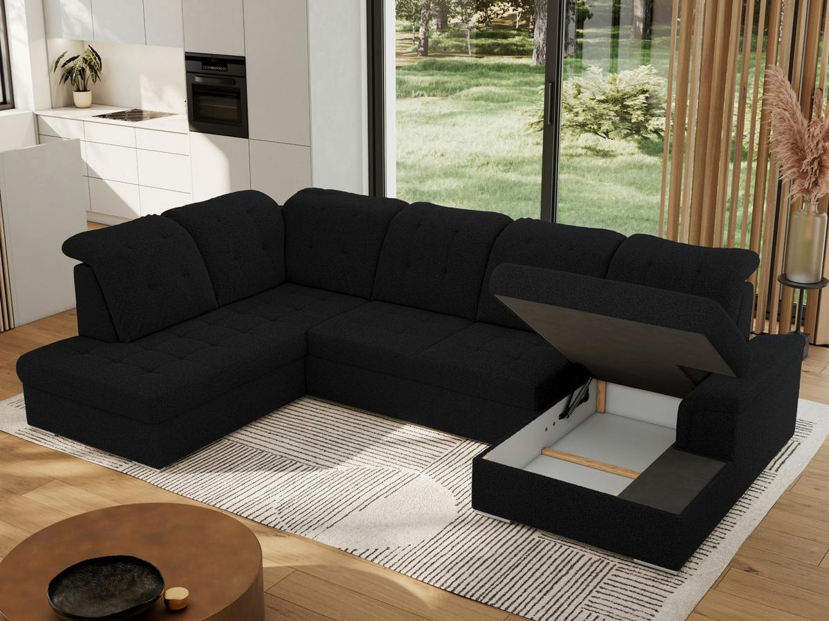 WOHNLANDSCHAFT MADRITO U - Schwarz Boucle - Links - Silberfarben/Schwarz, Textil/Metall (204/89/323cm) - MKS