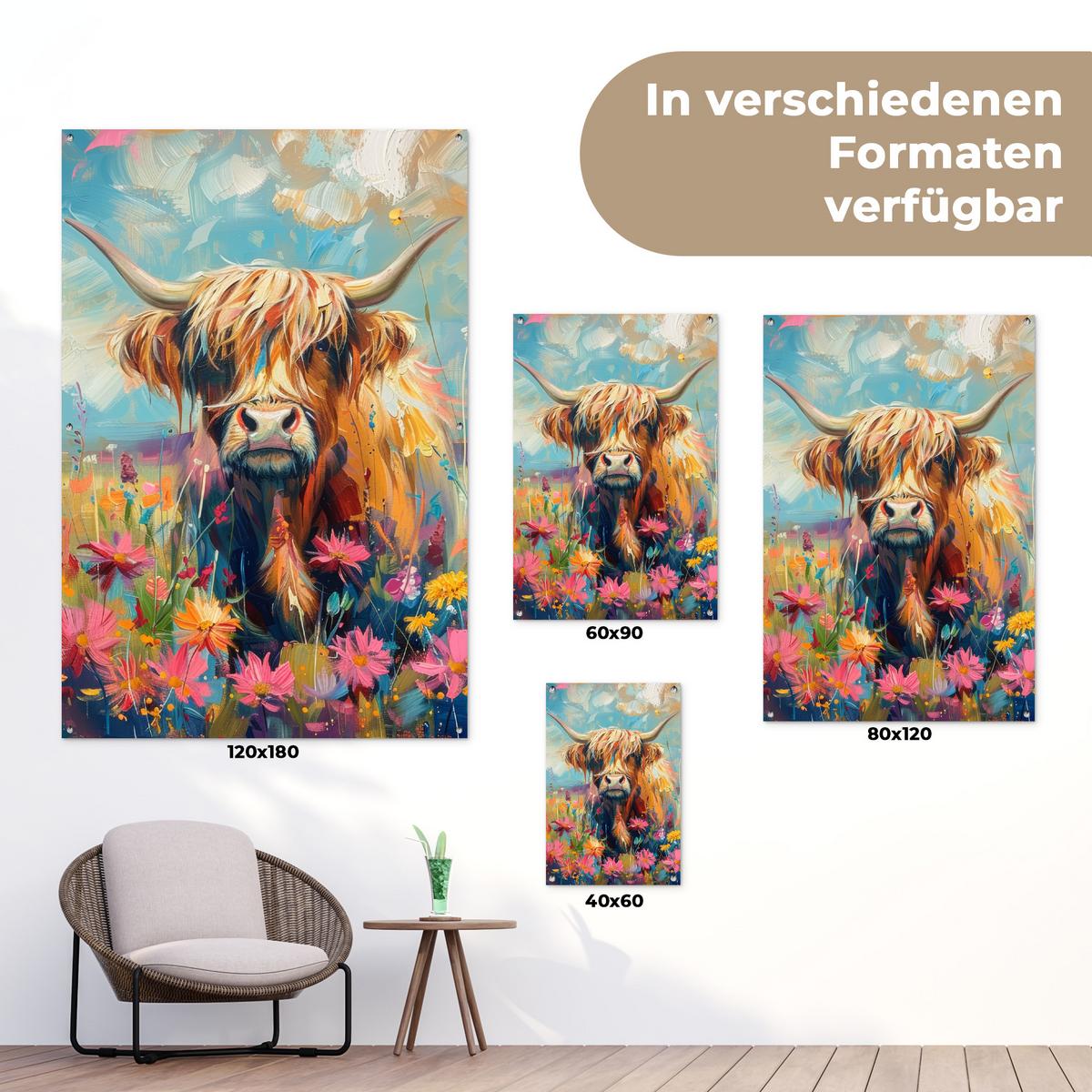 GARTENPOSTER Schottische Hochländer - Natur - Farbenfroh - Blumen Bild 120x180 cm - Hellblau, Kunststoff (120/180/0.2cm) - OnlyWow
