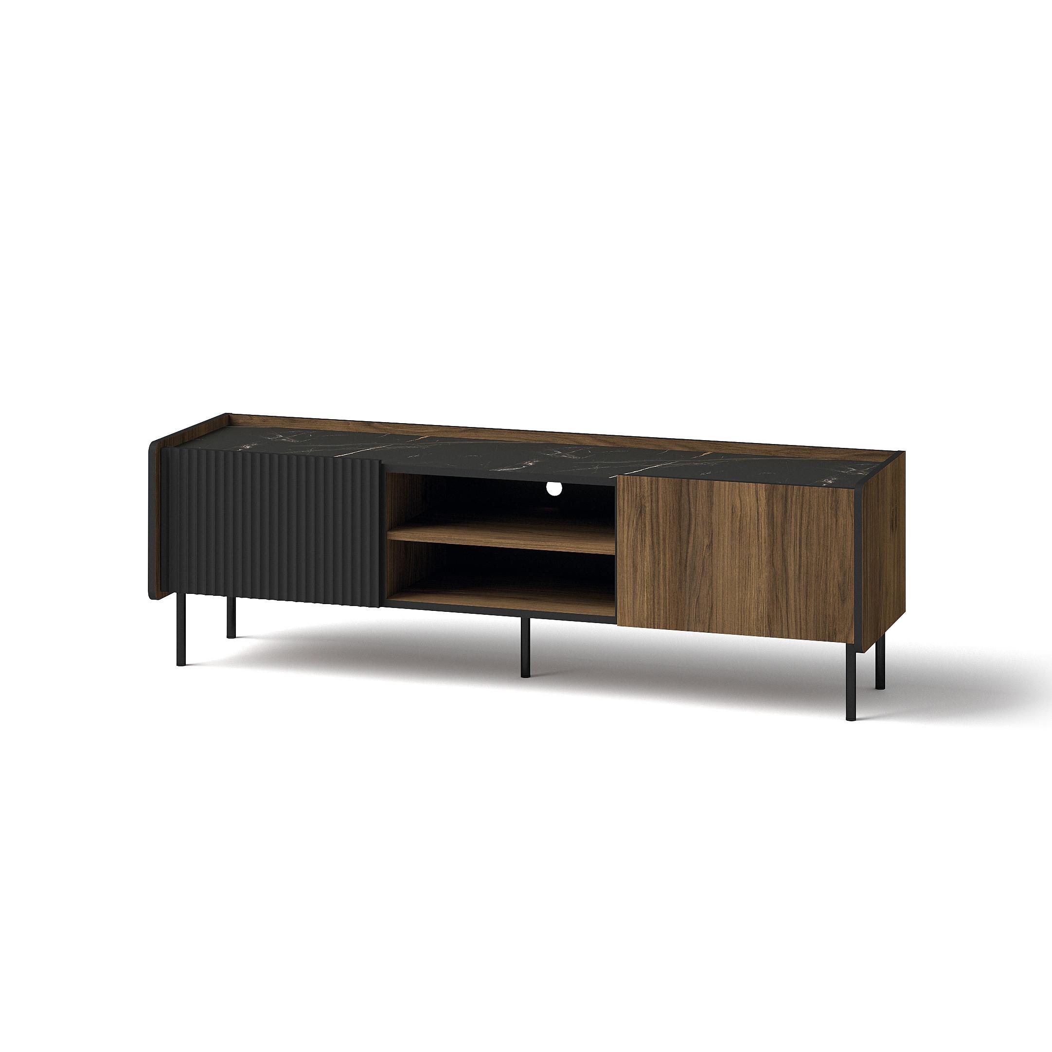 LOWBOARD Piano mit 2 Türen, Mattschwarz + Warmia-Nussbaum - Schwarz/Braun, Holzwerkstoff (150/47/40cm) - Beautysofa