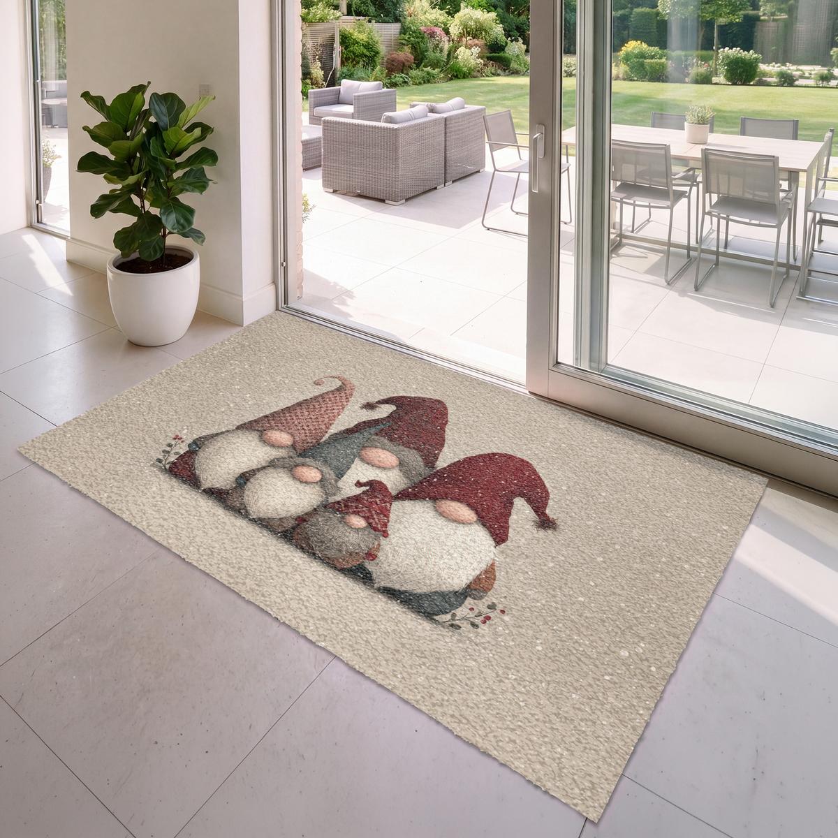 FUSSMATTE Wichtel - Weihnachten - Schnee - Zipfelmützen Türmatte 180x120 cm - Beige, Kunststoff (180/0.4cm) - MuchoWow
