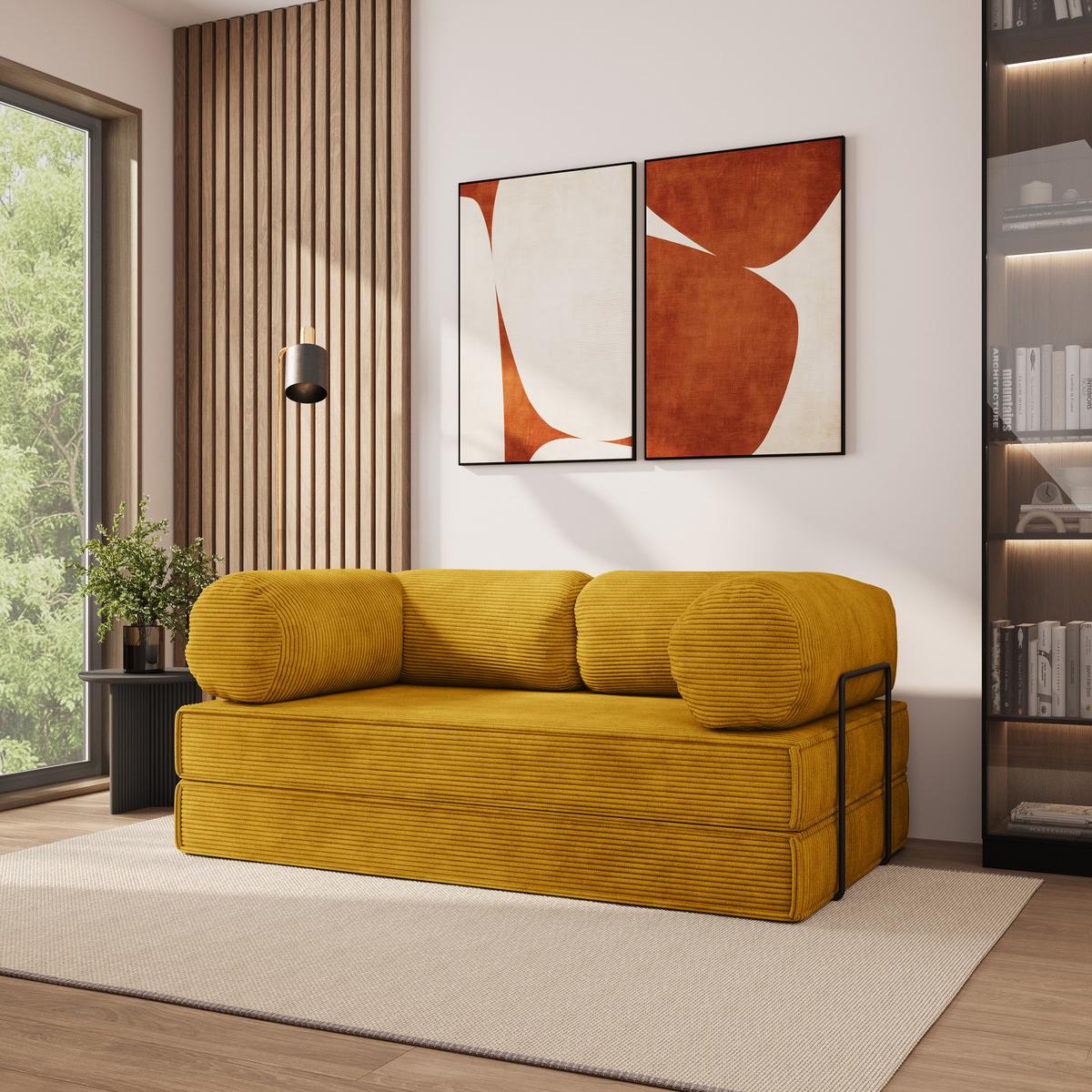 BETTSOFA ALVIO aus Schaumstoff Kordstoff Gelb Schlaffunktion - Gelb, Textil (170/68/80cm) - MASSENO