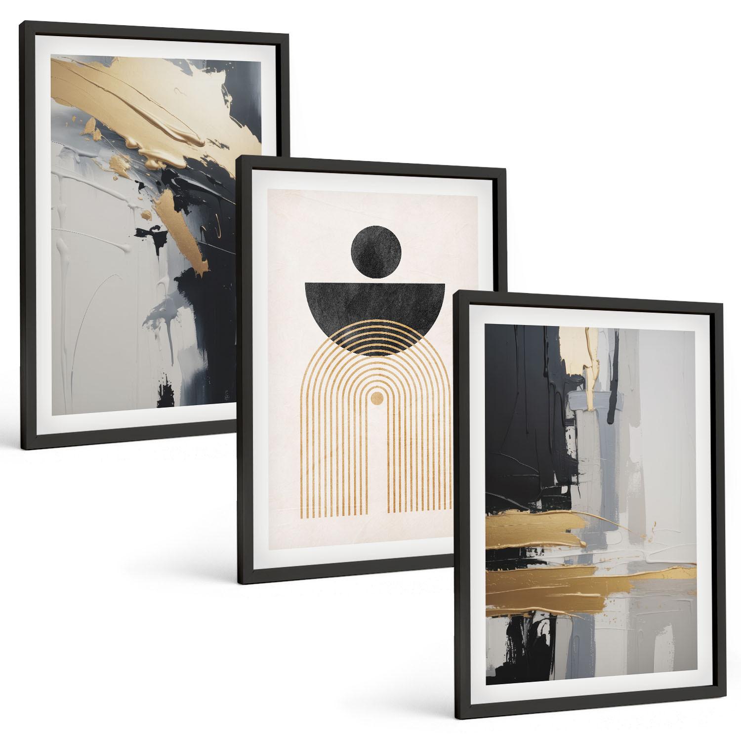 BILDER SET 3er Set - 40x60 cm Schwarzer Rahmen - Abstrakte Geometrie Eleganz - Schwarz, Kunststoff (40/60cm) - TULUP
