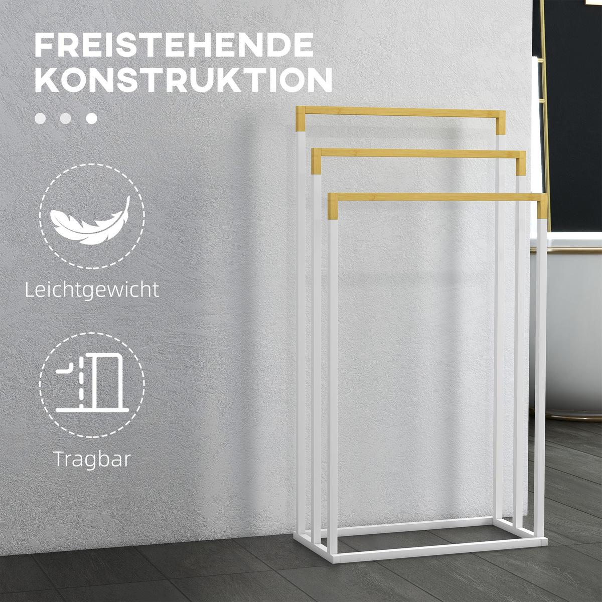 HANDTUCHHALTER Freistehend, Handtuchständer mit 3 Handtuchstangen Weiß - Weiß, Holz (22.5/86/45cm) - Kleankin
