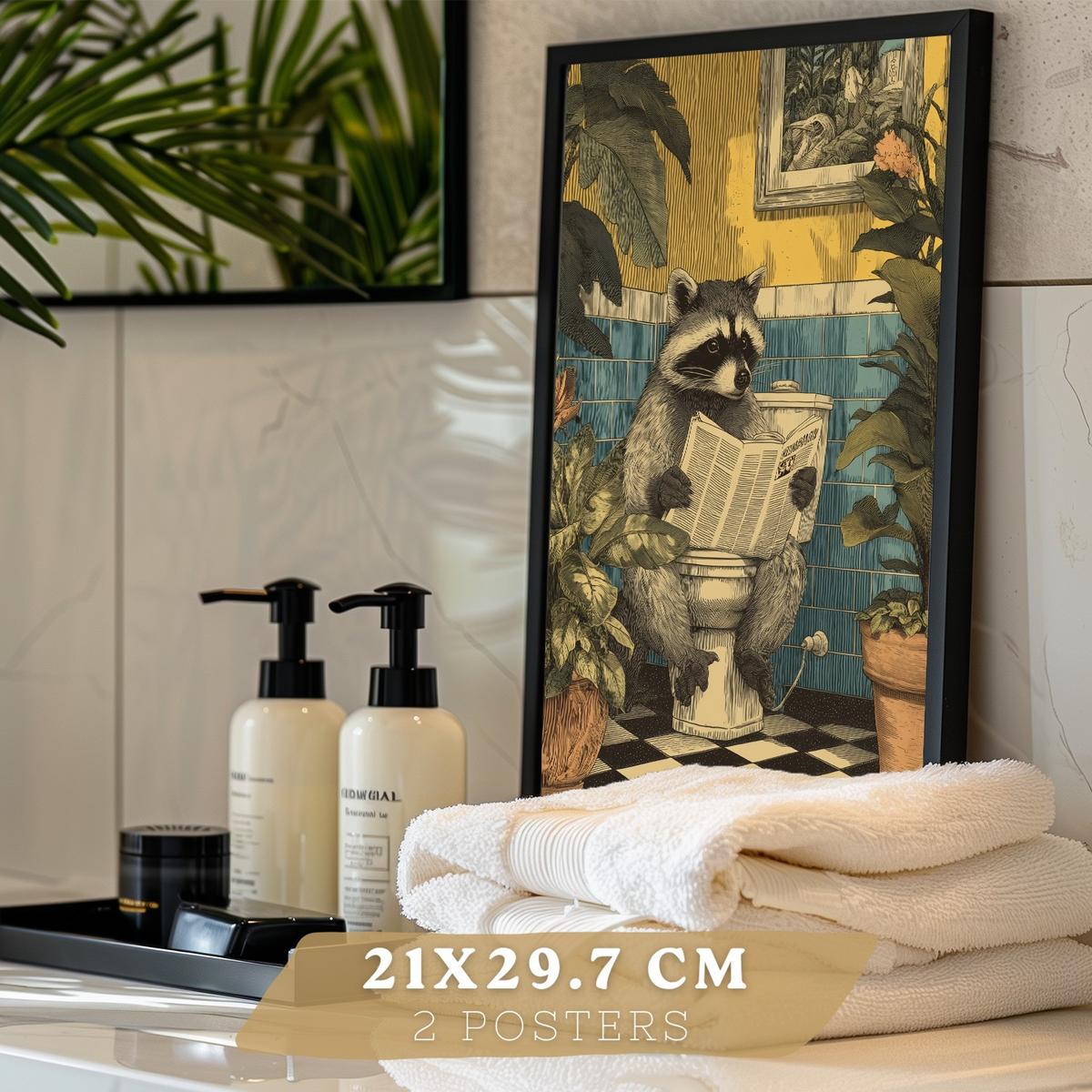 POSTER 2er-Set lustige Badezimmer-Kunstdrucke, Bilder mit lustigen Tieren auf der Toilette, witzige, Badezimmerdekoration, Dusche Schwarzer Rahmen A4 - Schwarz, Papier (29.7/21/3cm) - Nacnic