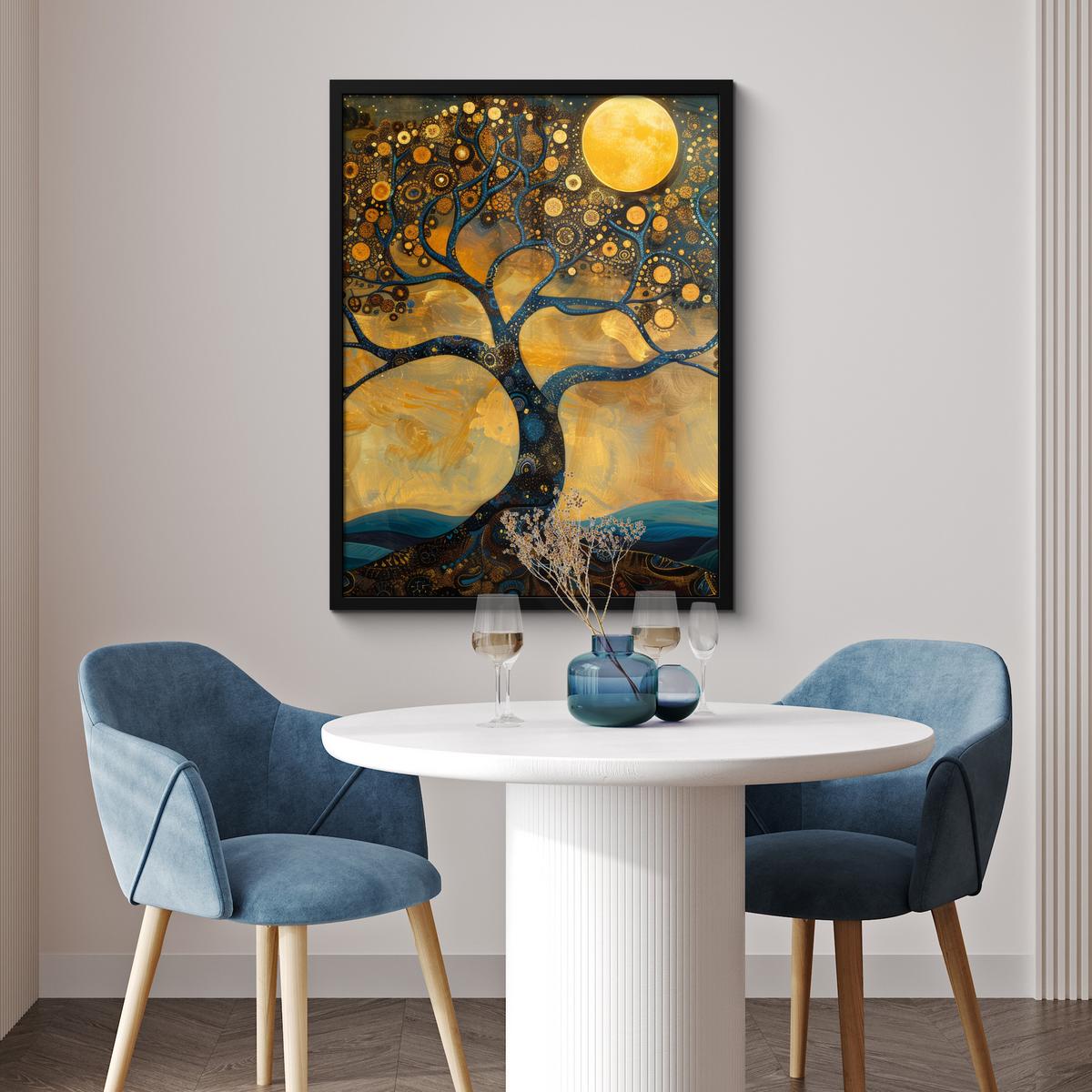 POSTER MIT RAHMEN Baum - Mond - Blumen - Gold - Kunst Posterleiste 60x80 cm - Orange, Papier (60/80cm) - MuchoWow