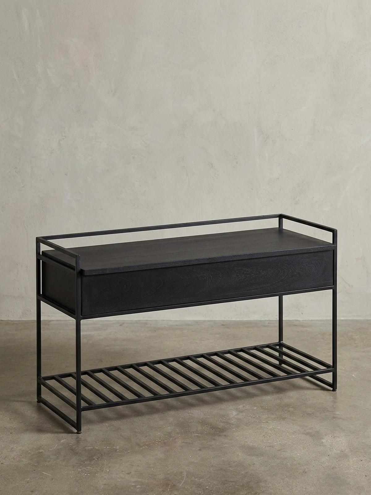 FLURBANK Holz Metall Sitzfläche hochklappbar, Schwarz 90x38x52 cm - Schwarz, Holz/Metall (90/52/38cm) - KADIMA DESIGN