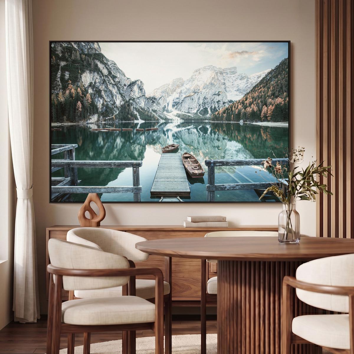 LEINWAND Bilder mit Rahmen - Natur - Berge - Schnee - Wald - Boot - 120x80 - Hellgrün, Textil (120/80cm) - MuchoWow