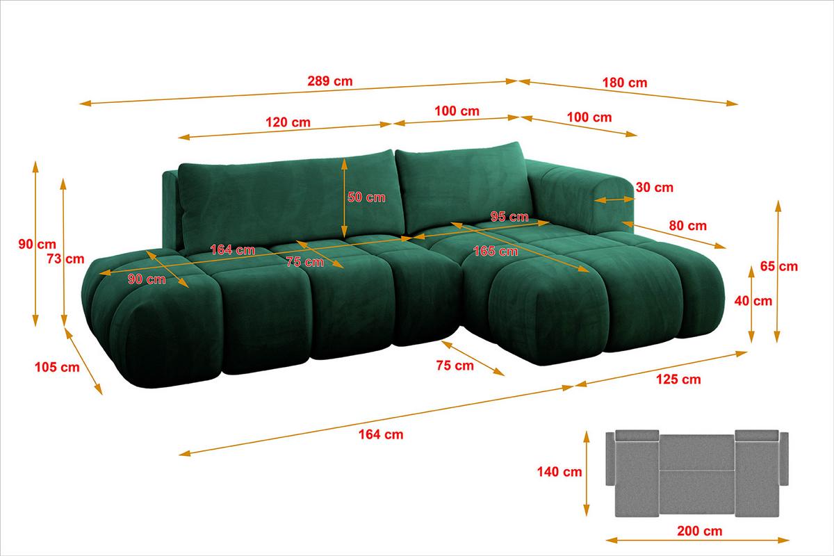 ECKSOFA Ottomane Rechts CLOUD-L 280x185x90 Dunkelgrün Velours - Dunkelgrün, Holzwerkstoff/Kunststoff (185/280cm) - ALTDECOR