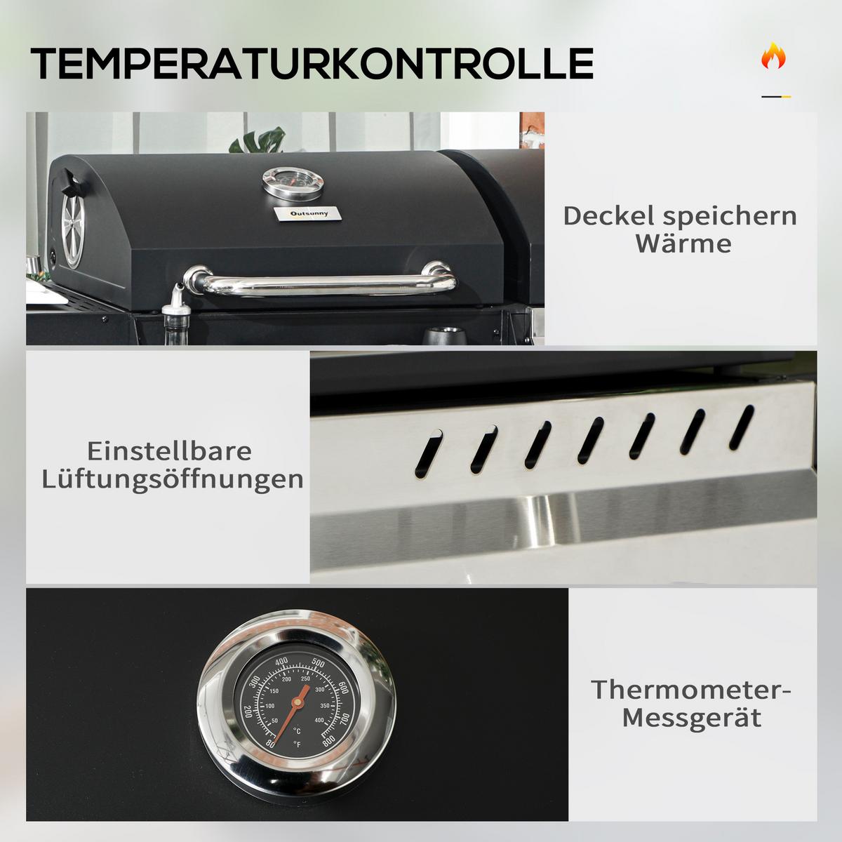 GASGRILL mit 2+1 Brenner, Thermometer, 3kW BBQ Holzkohlgrill mit Regal - Schwarz, Metall (54/103/161cm) - Outsunny