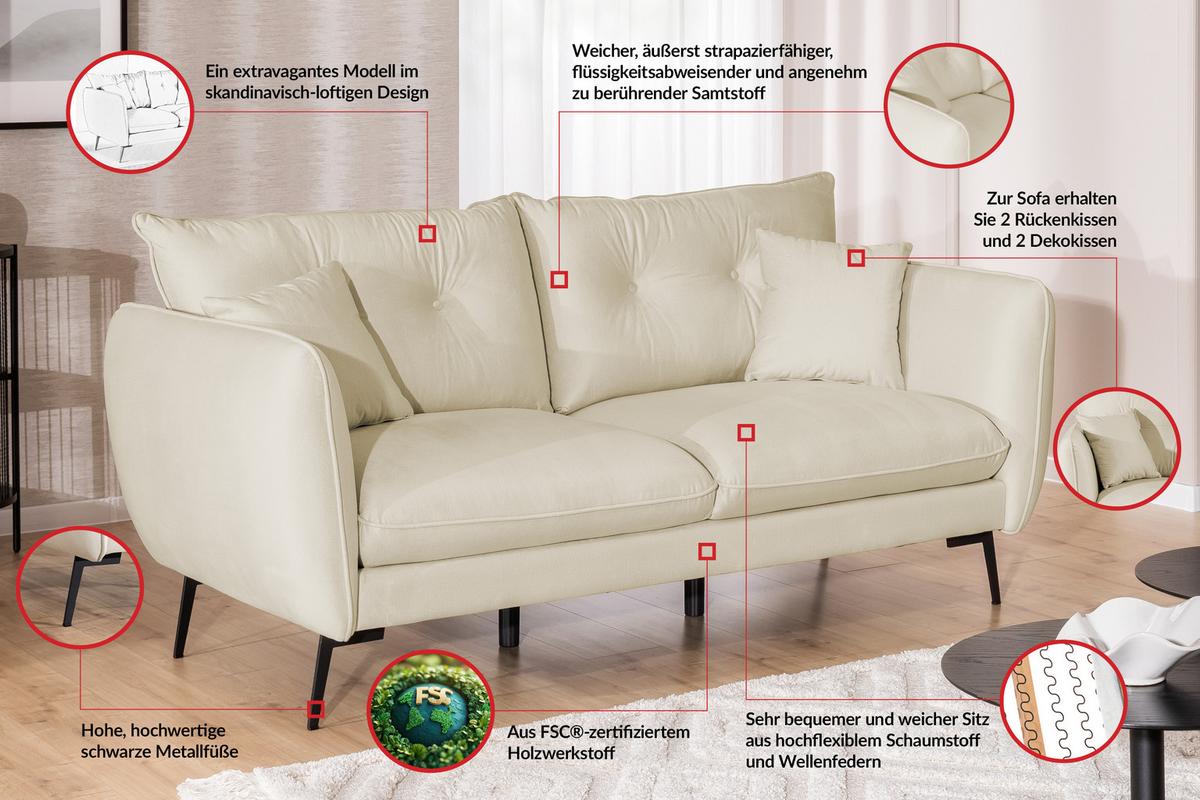 3-SITZER-SOFA Nordloft Beige Samt - Beige/Schwarz, Holz/Textil (204/86/100cm) - S-Style Möbel
